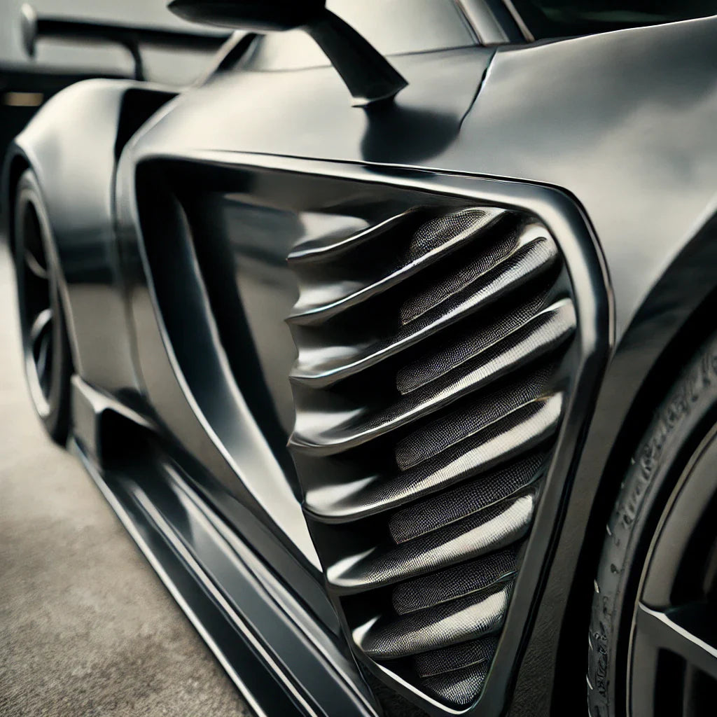 Close-up of a ChroMorpher Side Fender Vent installed on a glossy black sports car, showcasing its sleek, aerodynamic design and aggressive styling.