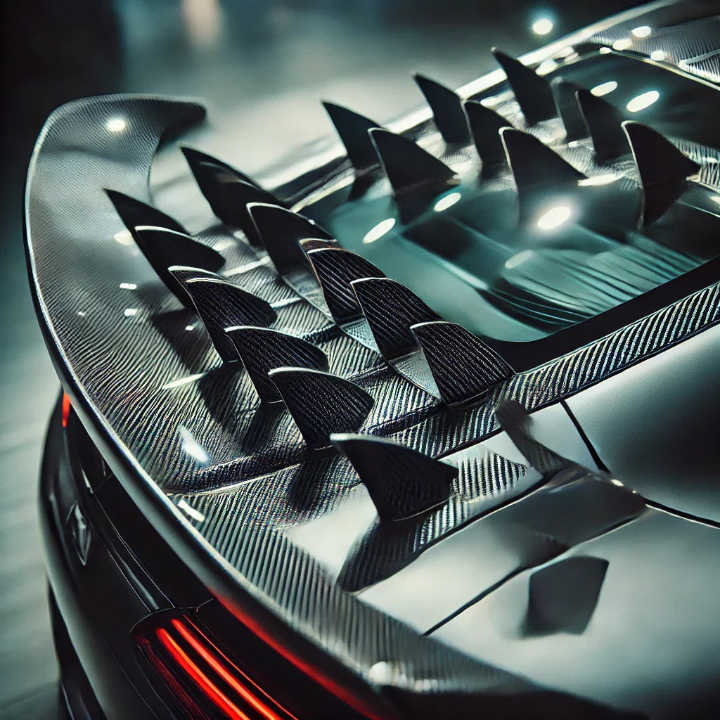 Close-up of a ChroMorpher Carbon Fiber Shark Fin Spoiler Wing Kit (10x) installed on a sports car’s rear roof, showcasing its aggressive aerodynamic design and carbon fiber finish.