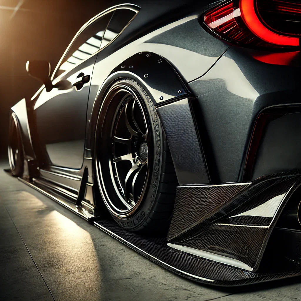 Close-up of a ChroMorpher Universal Side Skirt & Rear Bumper Lip Splitter Winglet installed on a sports car, showcasing its aggressive stance and aerodynamic design with a high-gloss black finish.