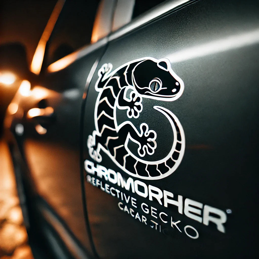 Close-up of a ChroMorpher Reflective Gecko Car Sticker applied to a dark-colored car door, showcasing its glowing effect under headlights at night.