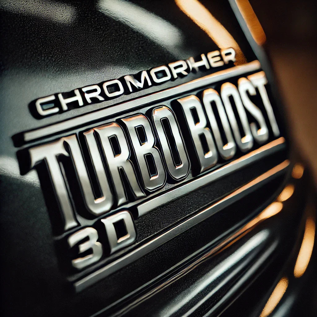 Close-up of a ChroMorpher Turbo Boost 3D Emblem installed on a sports car’s fender, showcasing its bold raised lettering and metallic finish.