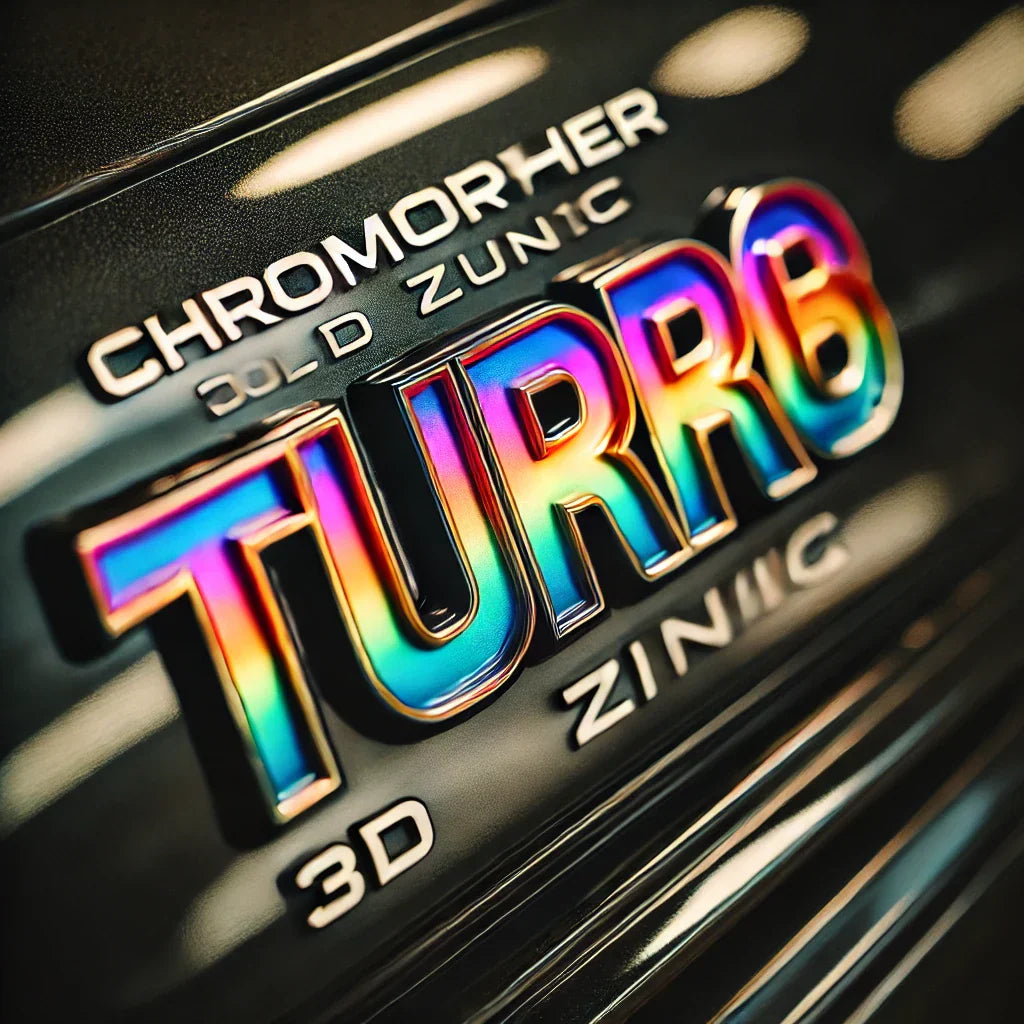 Close-up of a ChroMorpher Colorful Turbo 3D Zinc Emblem installed on a sports car’s fender, showcasing its bold raised lettering and vibrant multi-color gradient finish.