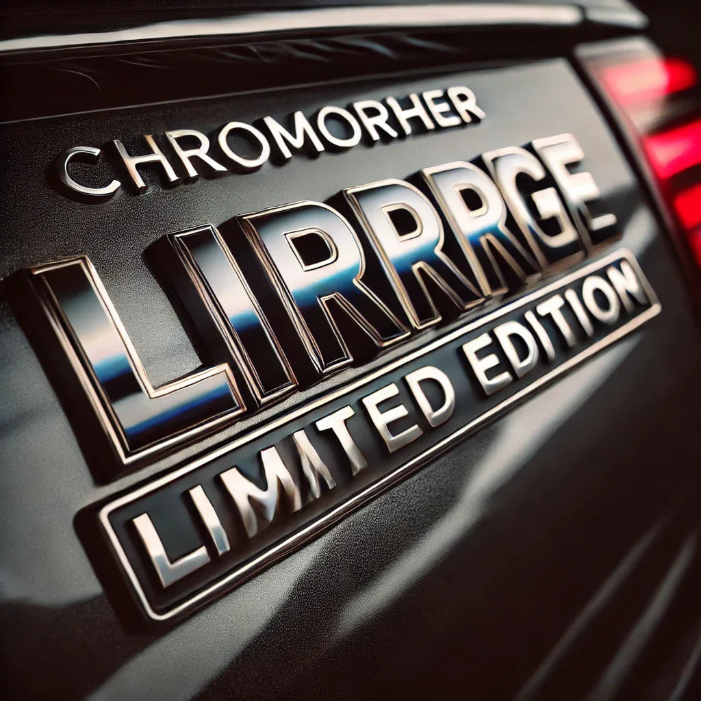 Close-up of a ChroMorpher Large Limited Edition Emblem installed on a car’s trunk, showcasing its bold raised lettering and premium metallic finish.