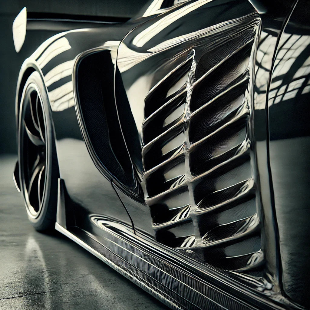Close-up of a ChroMorpher Side Fender Vent (2x) installed on a sports car’s fender, featuring a sleek, aerodynamic design and a glossy black finish for a race-inspired look.