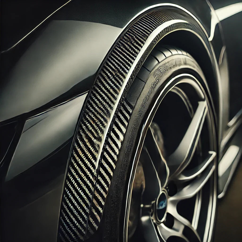 Close-up of a ChroMorpher Carbon Fiber Wheel Eyebrow Strip installed on a sports car’s wheel arch, featuring a sleek carbon fiber texture and aerodynamic protection.