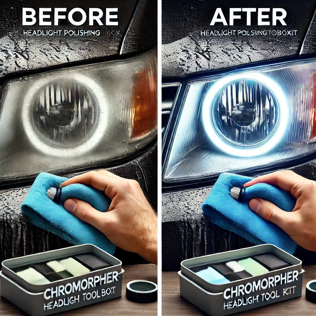 Before-and-after comparison of a car headlight restored using the ChroMorpher Headlight Polishing Toolbox Kit, showing a foggy, oxidized headlight transformed into a crystal-clear, polished finish.