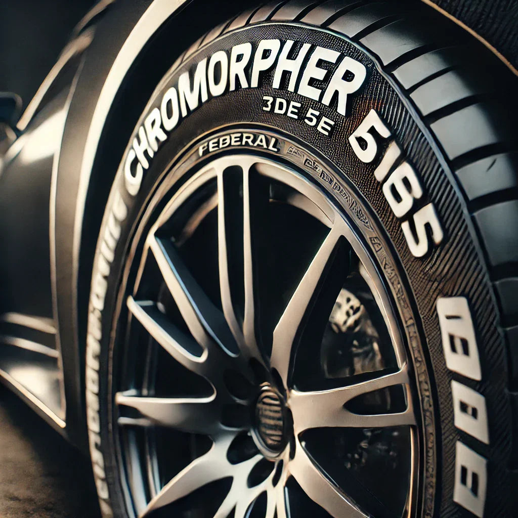 Close-up of a high-performance sports car tire featuring ChroMorpher 3D Tire Lettering – FEDERAL 595, showcasing bold, raised white letters for a race-ready aesthetic.