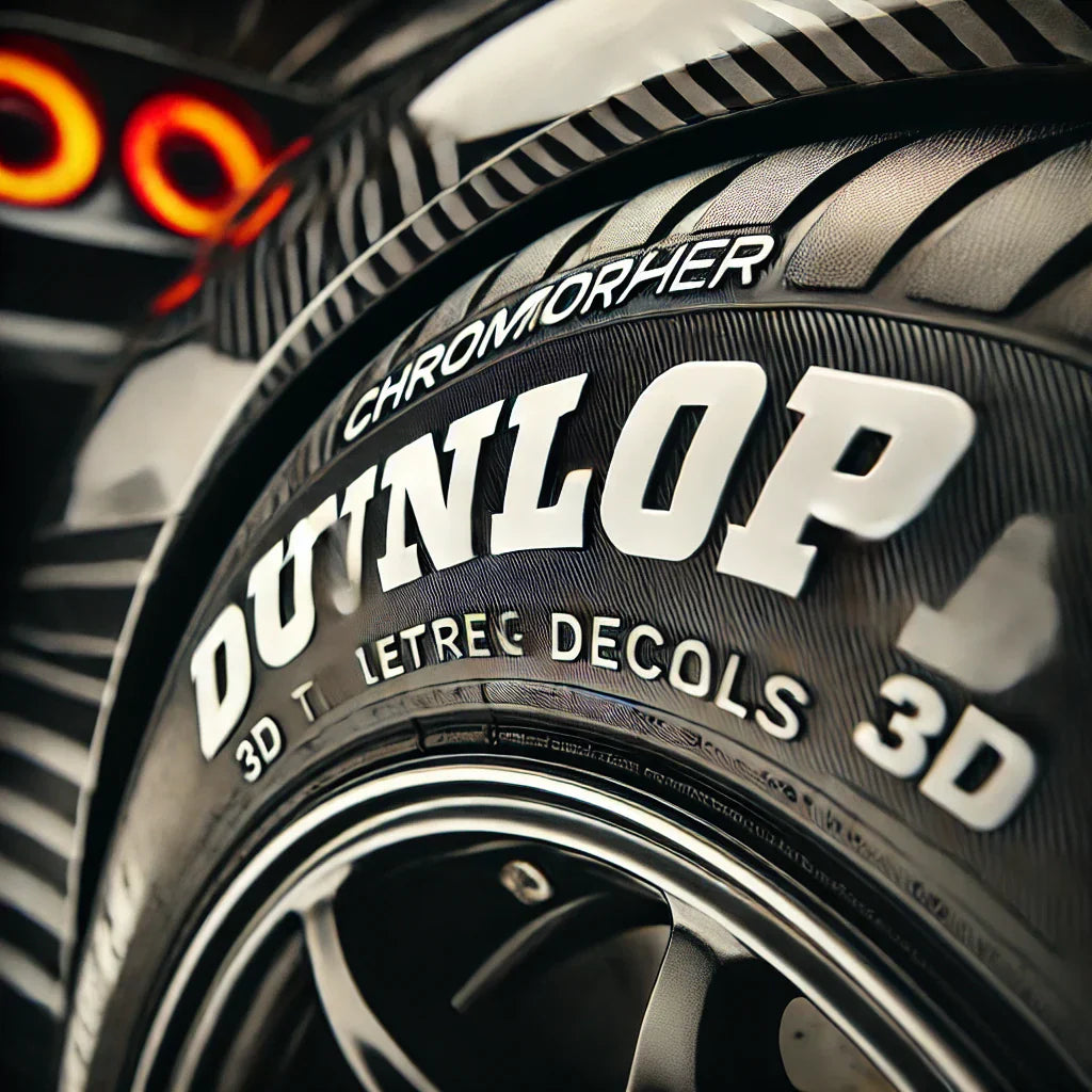 Close-up of a high-performance sports car tire featuring ChroMorpher Dunlop 3D Tire Lettering Decals, showcasing bold, raised white lettering for a track-ready aesthetic.