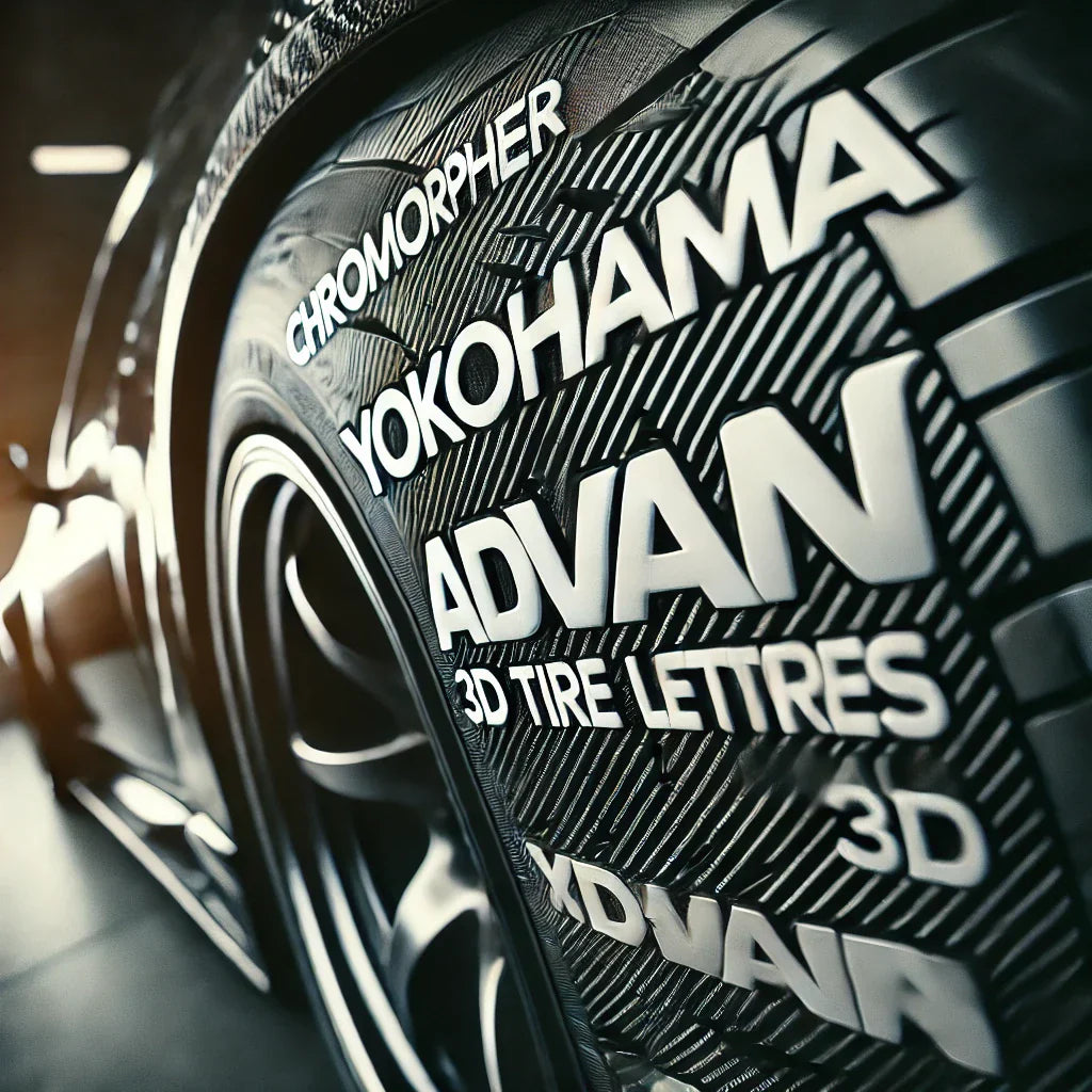 Close-up of a high-performance sports car tire featuring ChroMorpher Yokohama Advan 3D Tire Lettering Decals, showcasing bold, raised white lettering for an aggressive motorsport look.