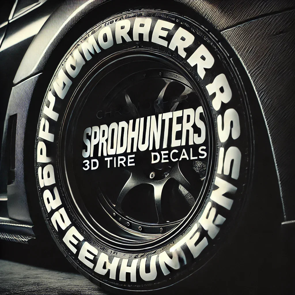 Close-up of a high-performance sports car tire featuring ChroMorpher SpeedHunters 3D Tire Lettering Decals, showcasing bold, raised white lettering for an aggressive motorsport look.