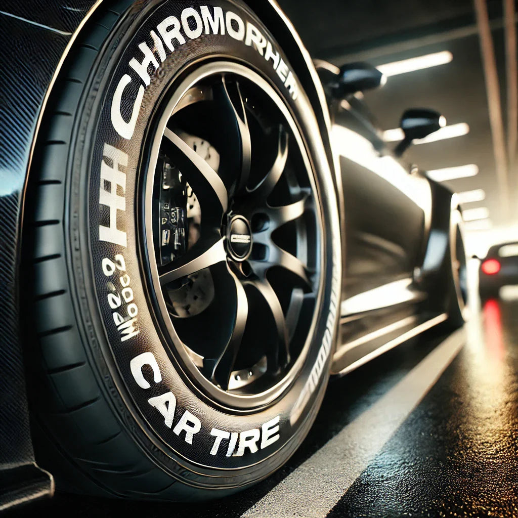 Close-up of a high-performance sports car tire featuring ChroMorpher 2.7cm Height Car Tire Wheel Stickers, showcasing bold, raised white lettering for an aggressive motorsport look.
