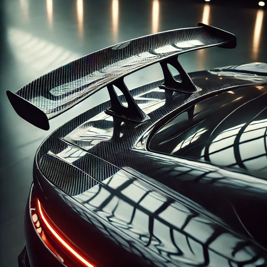 Close-up of a sports car’s roof and trunk featuring the ChroMorpher Carbon Fiber Shark Fin Spoiler Wing Kit (10x), showcasing a sleek, glossy carbon fiber texture for an aggressive aerodynamic look.