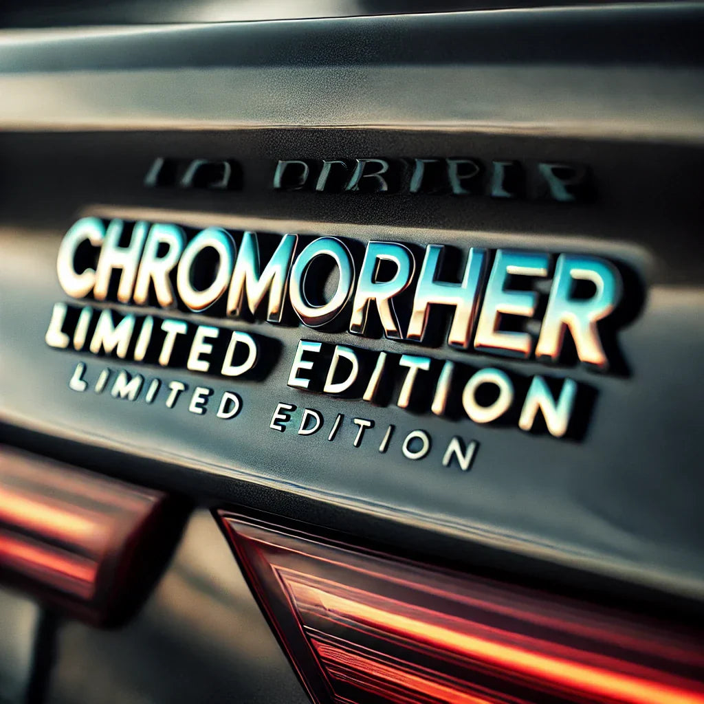 Close-up of a ChroMorpher Limited Edition 3D Metal Emblem installed on a car’s trunk, featuring bold raised LIMITED EDITION lettering and a premium metallic finish.