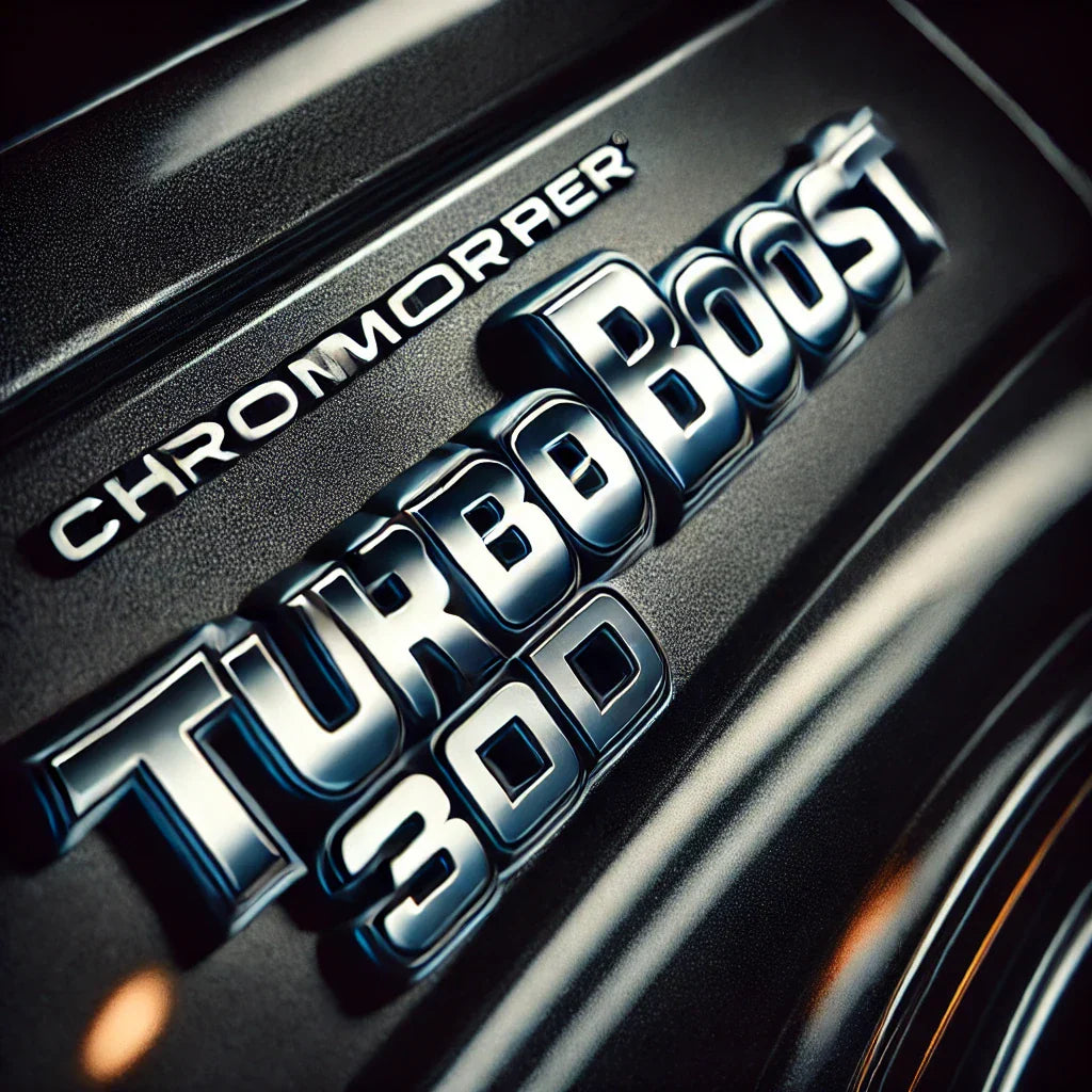 Close-up of a sports car’s fender featuring the ChroMorpher Turbo Boost 3D Emblem, showcasing bold raised TURBO BOOST lettering with a sleek metallic finish for a high-performance look.