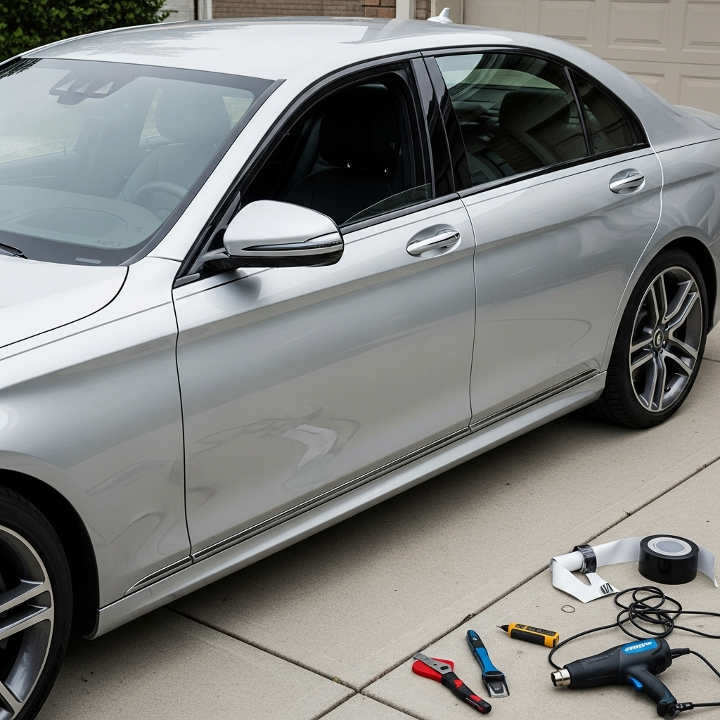 silver sedan or SUV parked in a driveway. The vehicle’s window trims, grille accents, and side mirrors are wrapped in glossy black Chrome Delete Tape on the right side, with chrome still visible on the left. 