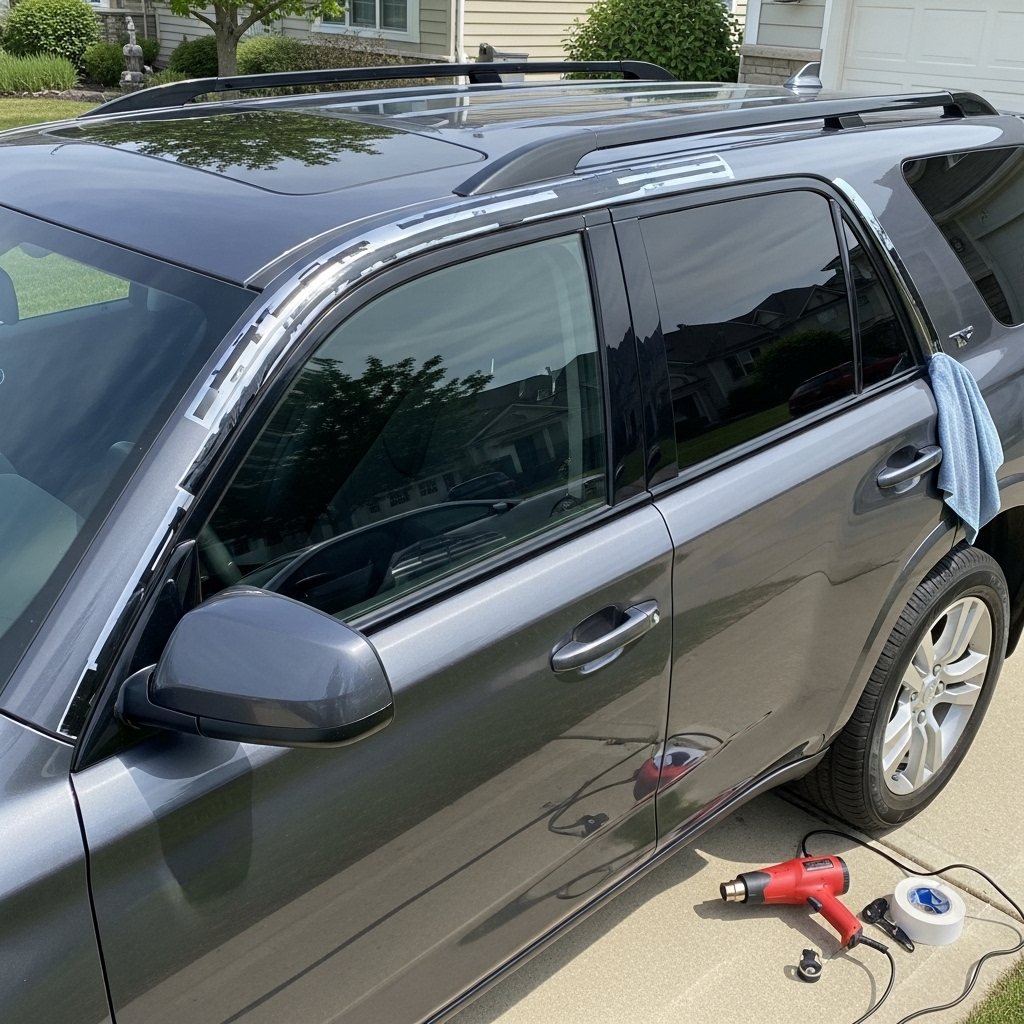 SUV with chrome roof rails — the right side rails are wrapped in Glossy Chrome Delete Tape, while the left side shows the original chrome.