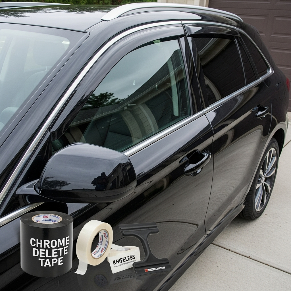 SUV shown from side profile with chrome window trims. The driver-side trims are wrapped in glossy black vinyl, while the passenger side still has stock chrome.