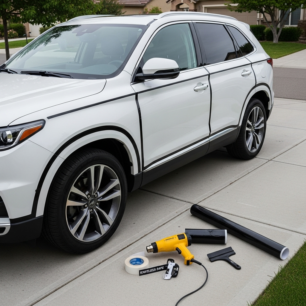 white SUV or sedan parked in a driveway. Only the window trims, mirror caps, and grille are wrapped in black Chrome Delete Tape — the body remains white