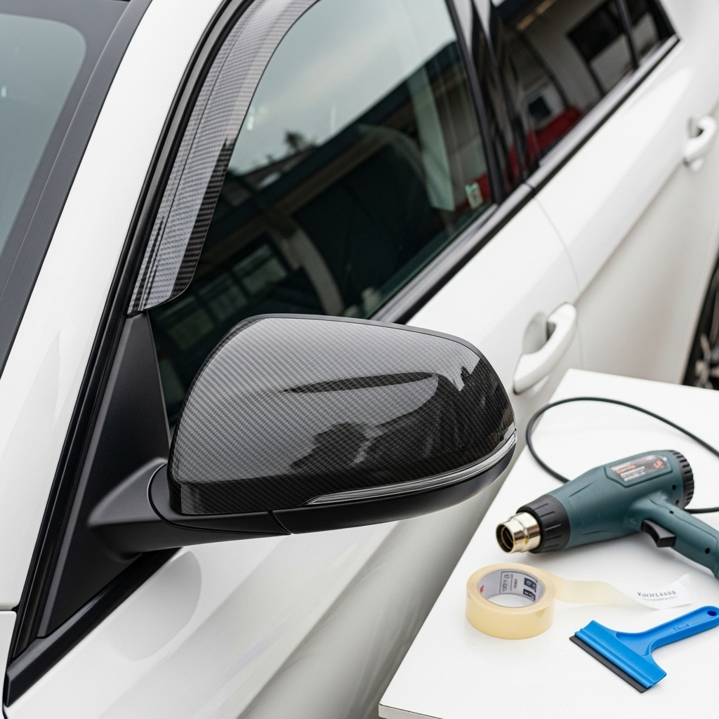 car’s trims (window trim, mirror caps, grille accents) wrapped in matte carbon chrome delete tape. The car body remains unwrapped. Tools like a heat gun, knifeless tape and squeegee visible nearby