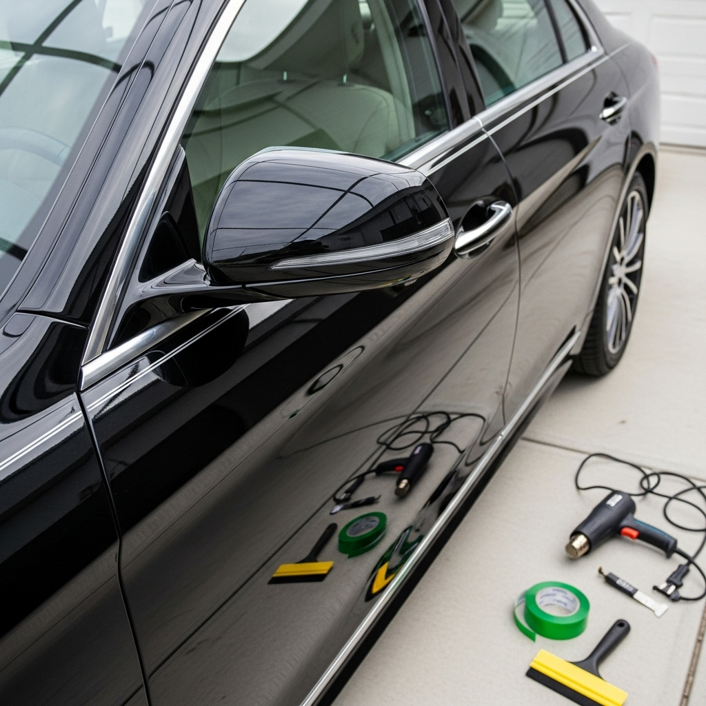  clean modern sedan with chrome trims (window trim, mirror caps, grille outline) wrapped in glossy black vinyl chrome delete tape. 