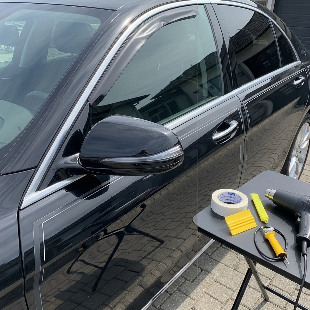 luxury black sedan in daylight, showing matte black chrome delete tape applied to the window trims, mirror caps, and front grille outline.