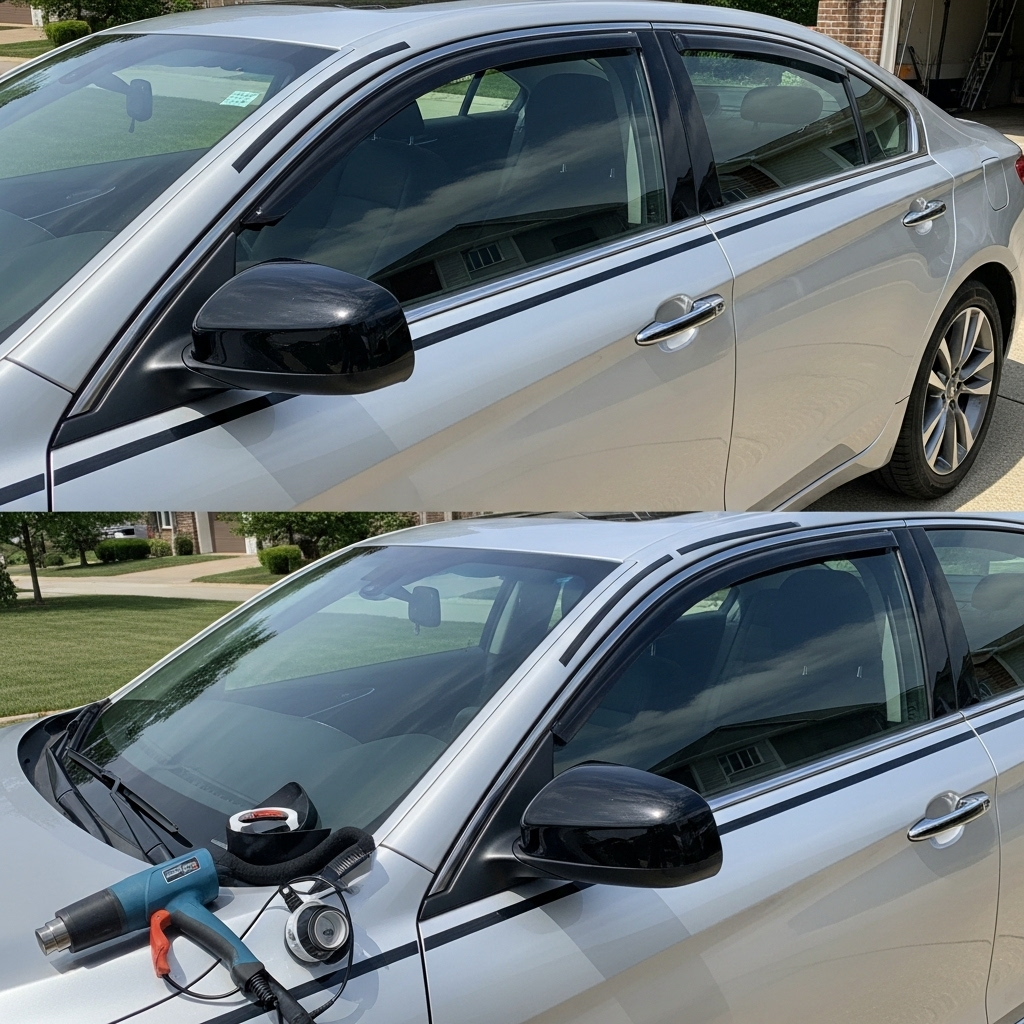 mid-size sedan with newly applied black glossy chrome delete tape on the window trims, grille outline, and mirror caps