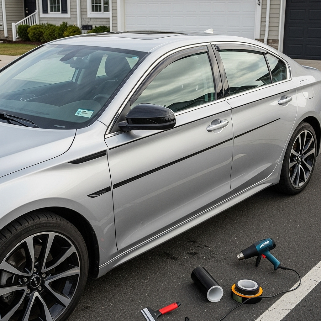 silver sedan with its window trims, mirrors, and grille fully wrapped using ChroMorpher Glossy Black Chrome Delete Tape.