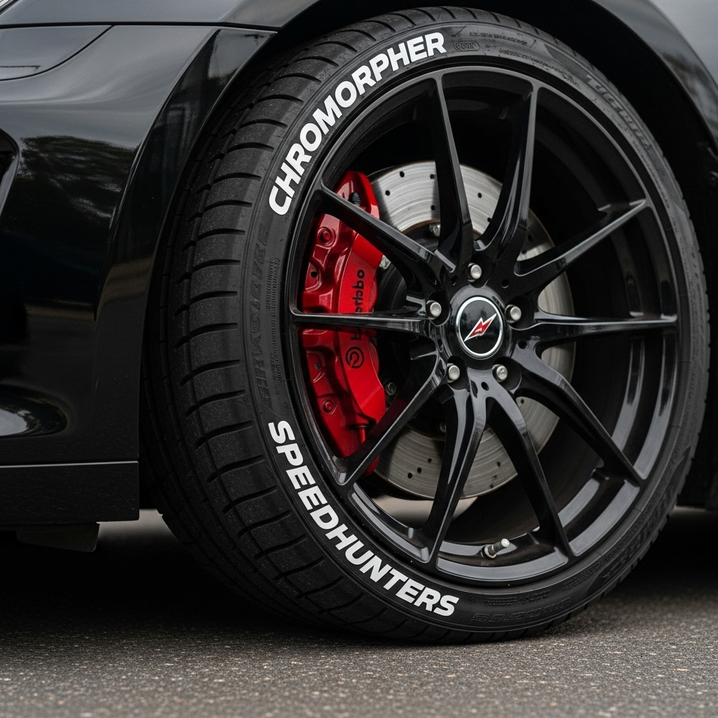 close-up of a black sports car tire with freshly applied ChroMorpher SpeedHunters 3D Tire Lettering Decals