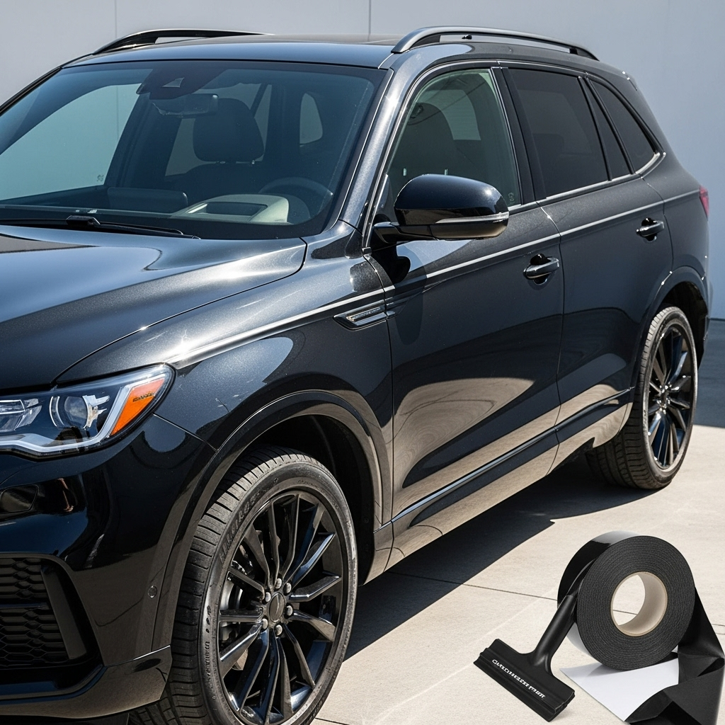 modern black SUV with all window trims, side mirrors, and grille wrapped in ChroMorpher Matte Black Chrome Delete Tape. 