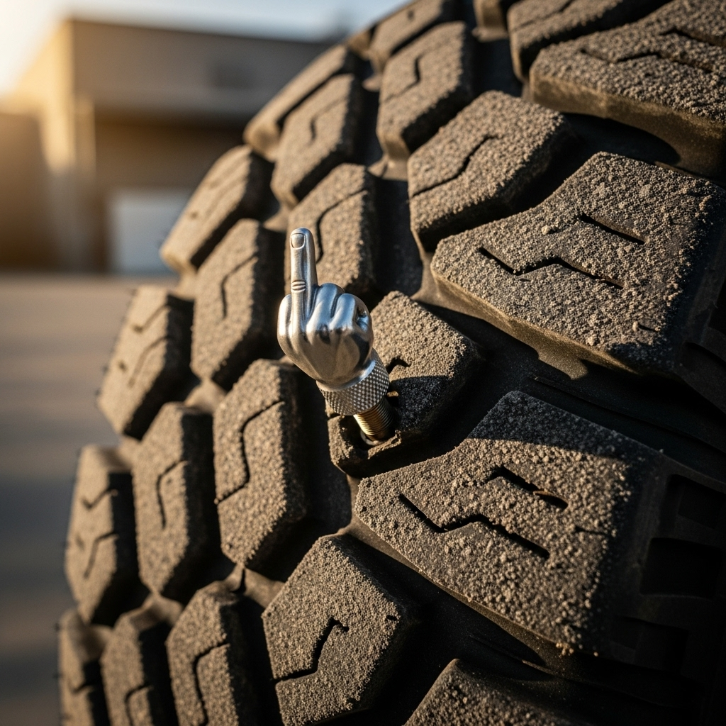  motorcycle tire, fitted with ChroMorpher Savage Valve Caps featuring a raised middle finger design.
