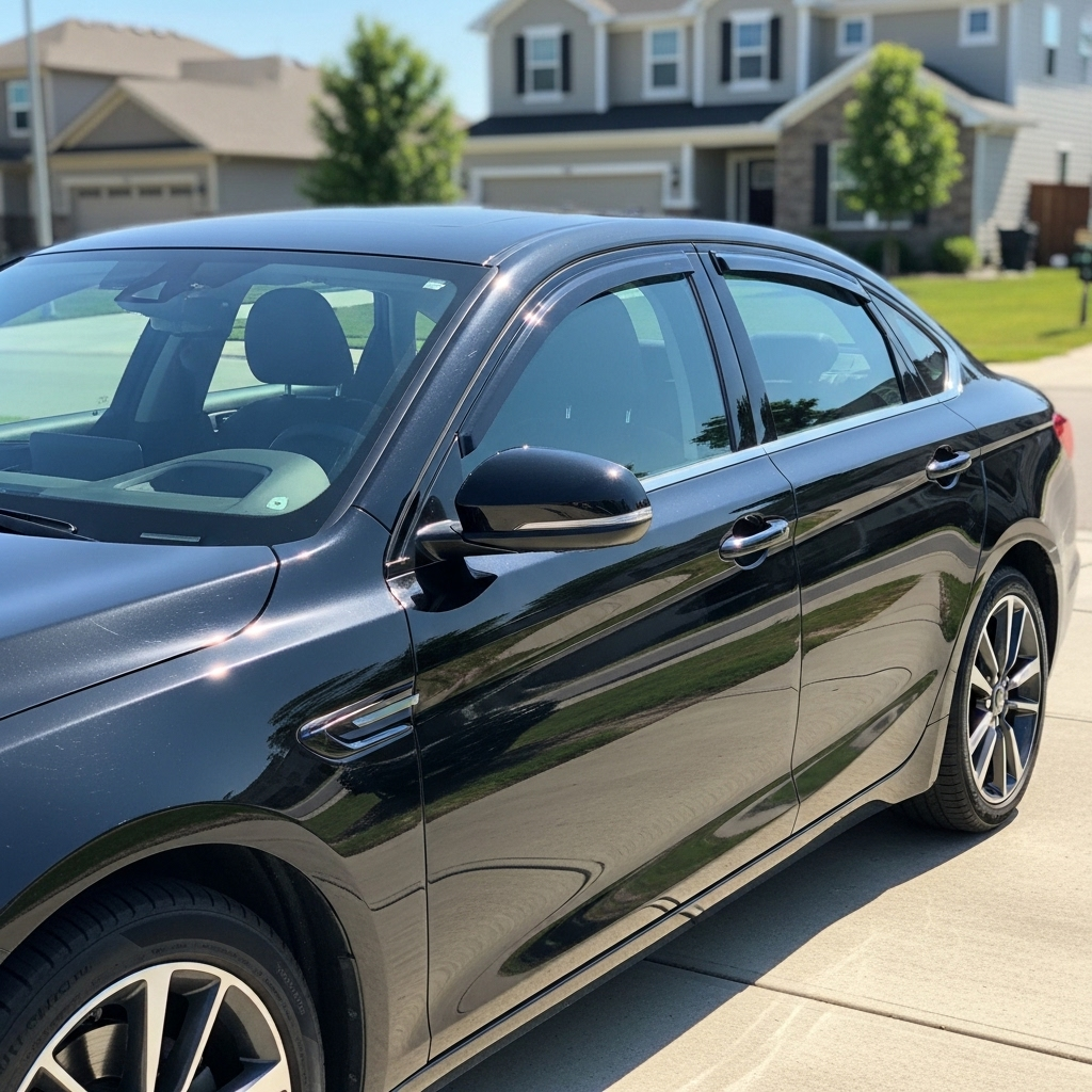 modern black sedan parked in a driveway. The chrome <strong>window trims, grille, and side mirrors</strong> are wrapped in glossy black ChroMorpher Chrome Delete Tape