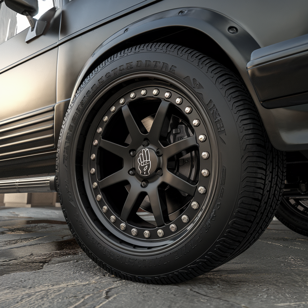 car wheel with rugged, matte black Savage Valve Caps featuring a raised middle finger emblem
