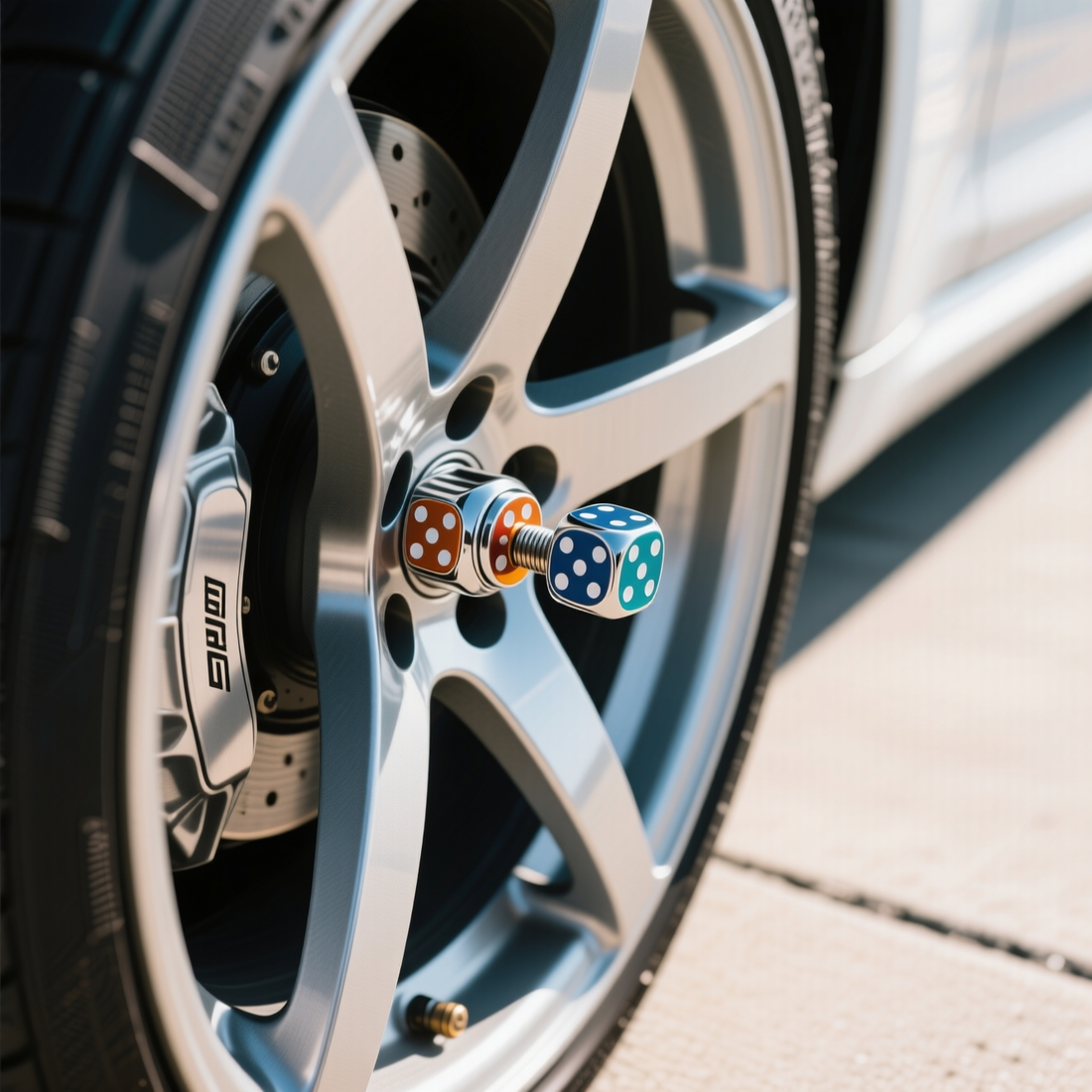 close-up photo of a sporty alloy car wheel with custom dice-shaped valve stem caps installed.