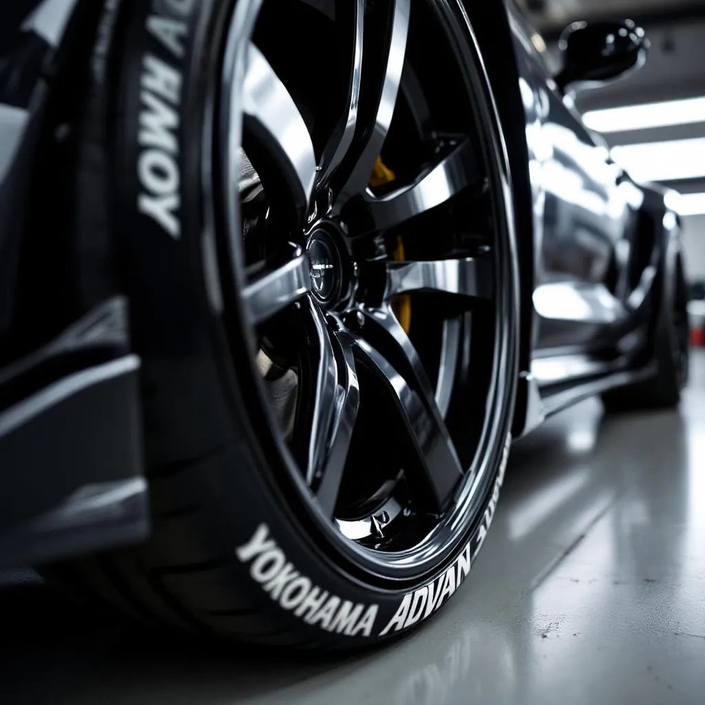 black high-performance tire featuring freshly applied white "Yokohama Advan" 3D lettering decals.