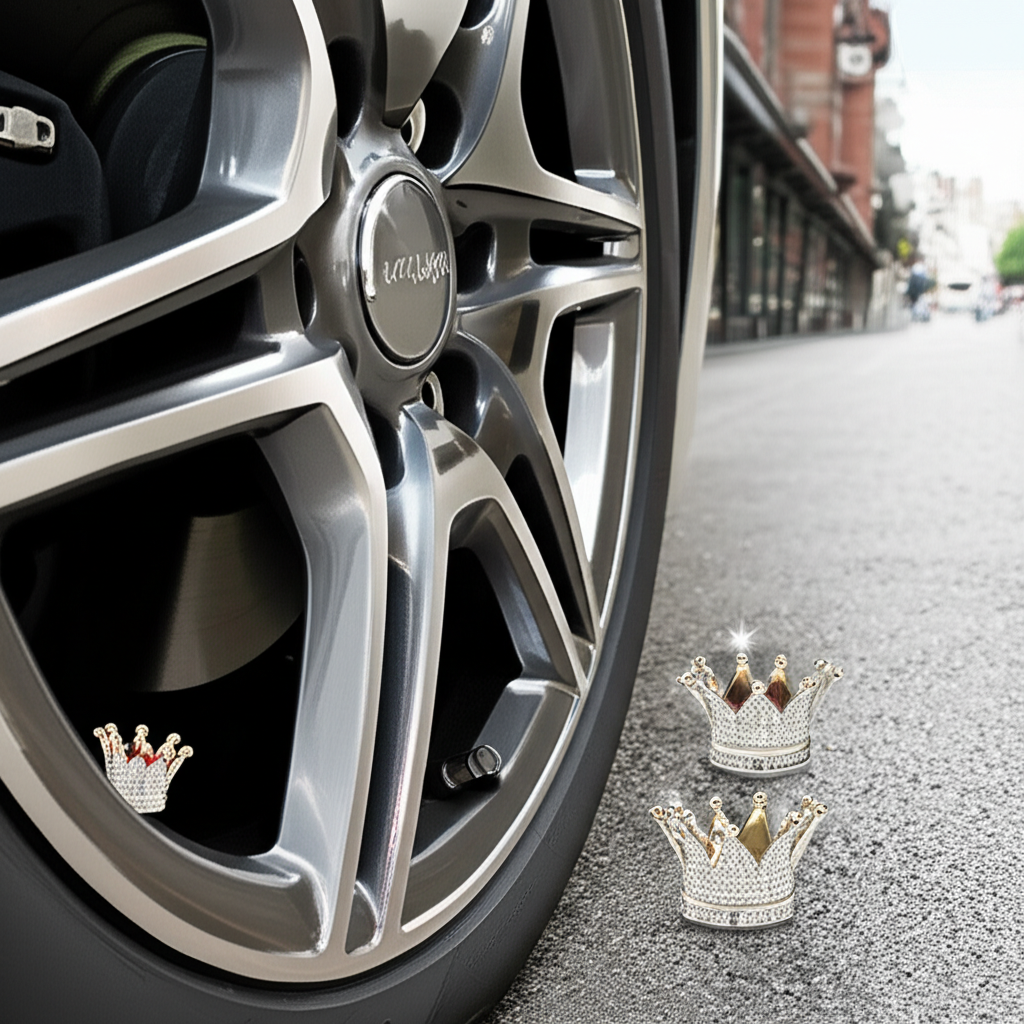 ChroMorpher Royal Crown Valve Caps installed on a luxury vehicle’s tire. 