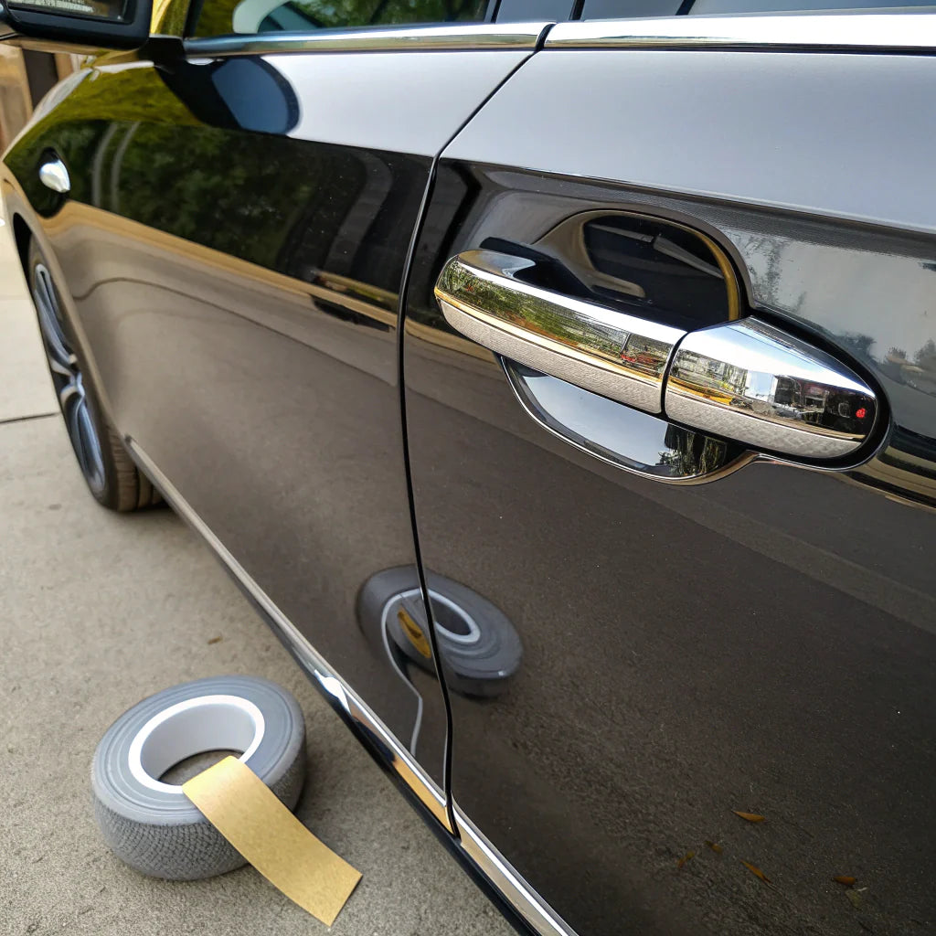 close-up image of a car door handle mid-wrap using ChroMorpher Matte Chrome Delete Tape.