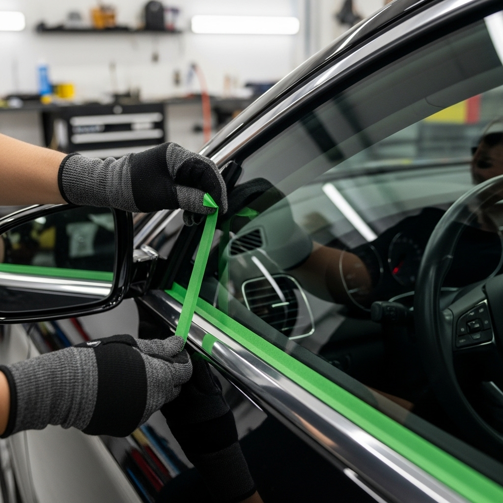 Ultra-realistic close-up photo of a person applying green Designline Knifeless Tape to the chrome trim of a black sedan, prepping for a vinyl wrap.