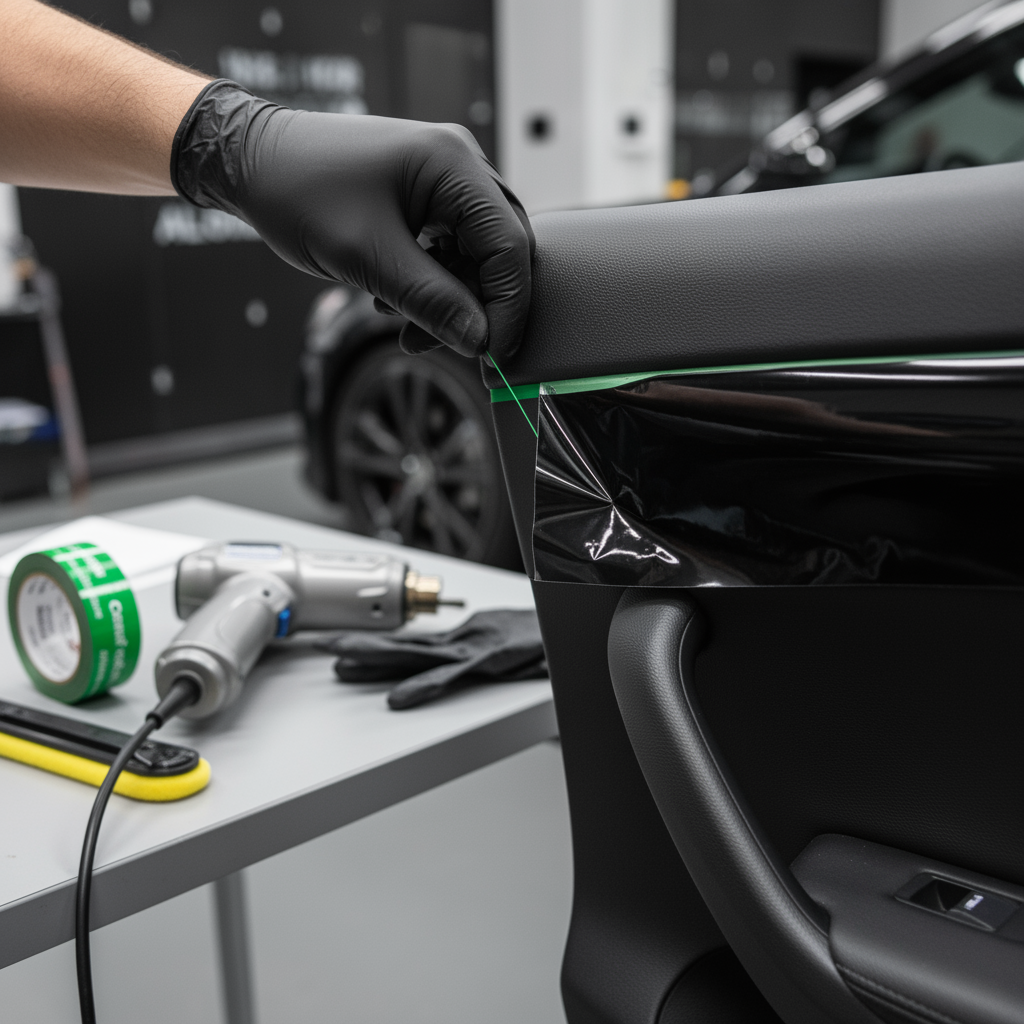 lose-up photo of a car door trim being wrapped with vinyl, with ChroMorpher Designline Knifeless Tape visibly under the vinyl layer