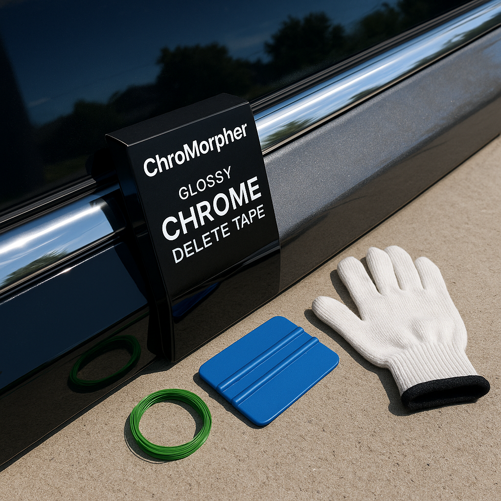 "Close-up of a car’s chrome trim halfway wrapped in glossy black ChroMorpher Chrome Delete Tape, showing a stark contrast between the deep black finish and reflective silver chrome