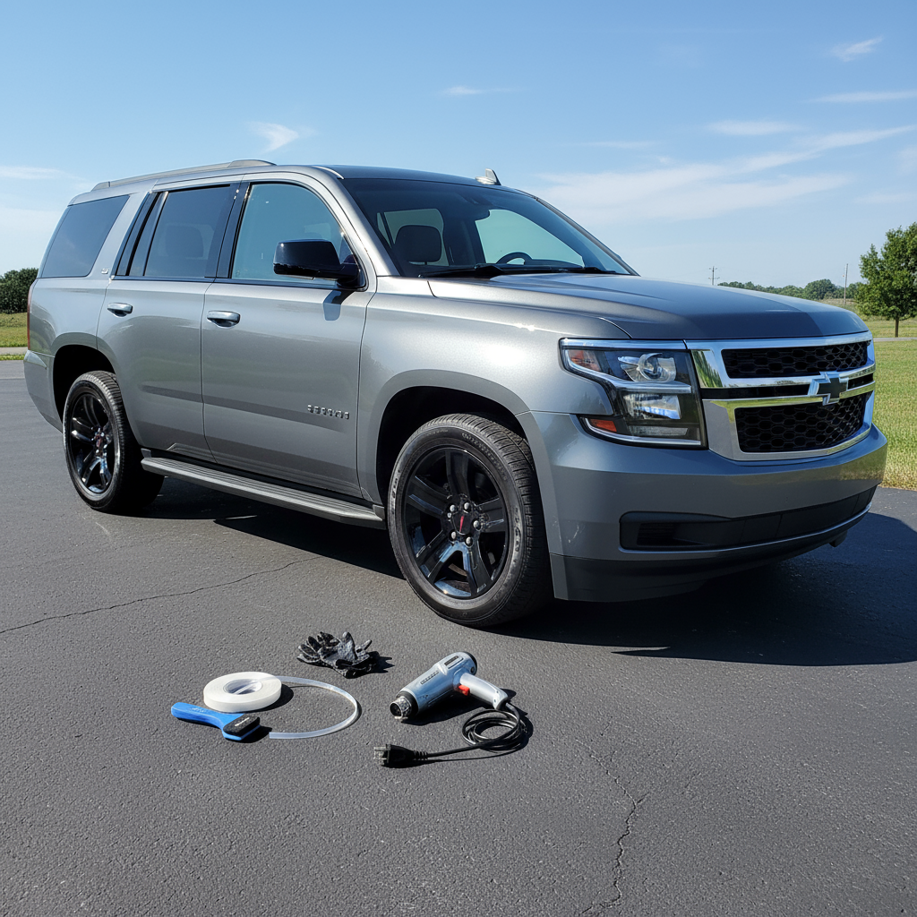 black or silver SUV Chevrolet Tahoe parked on a clean street or driveway. Driver side trims (window surrounds, mirror caps, grille) are wrapped in ChroMorpher Glossy Black Chrome Delete Tape