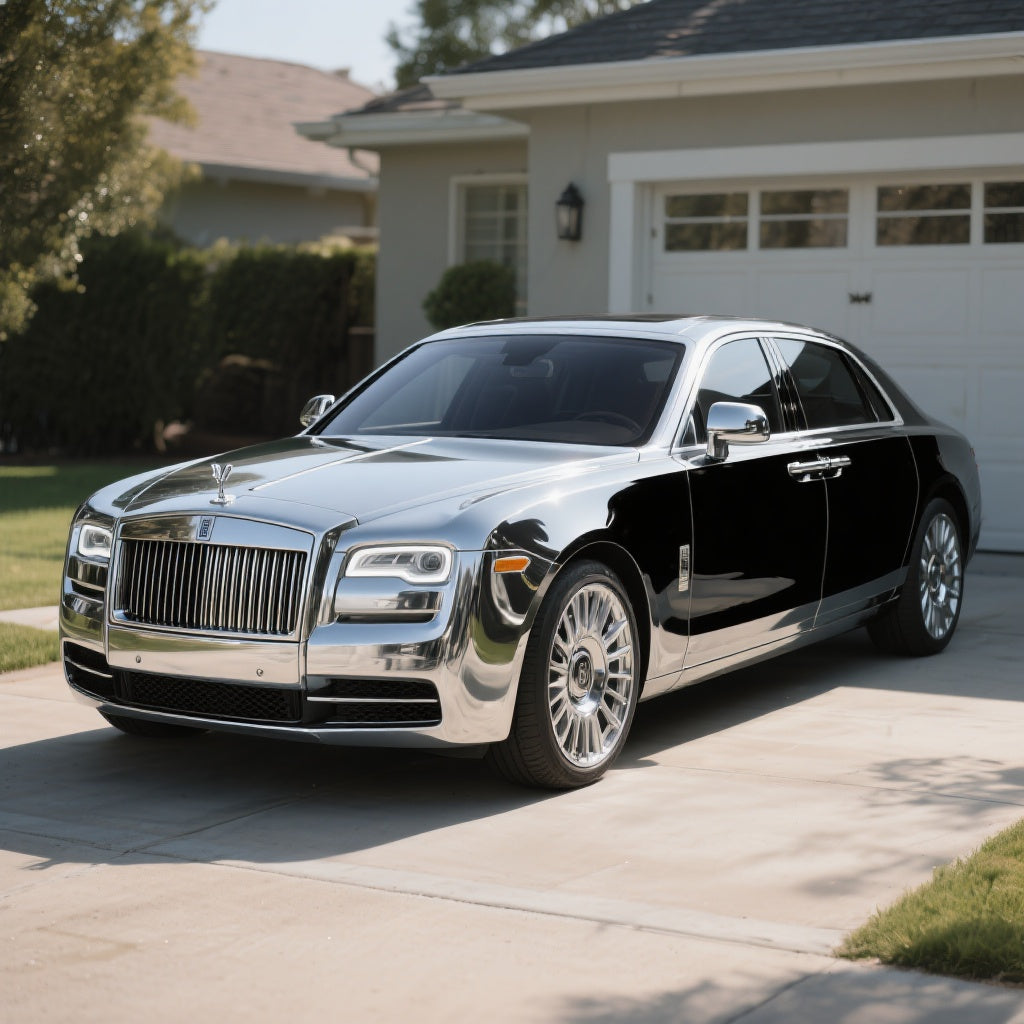luxury sedan in a driveway, with the window trim, grille, and mirror caps in chrome.