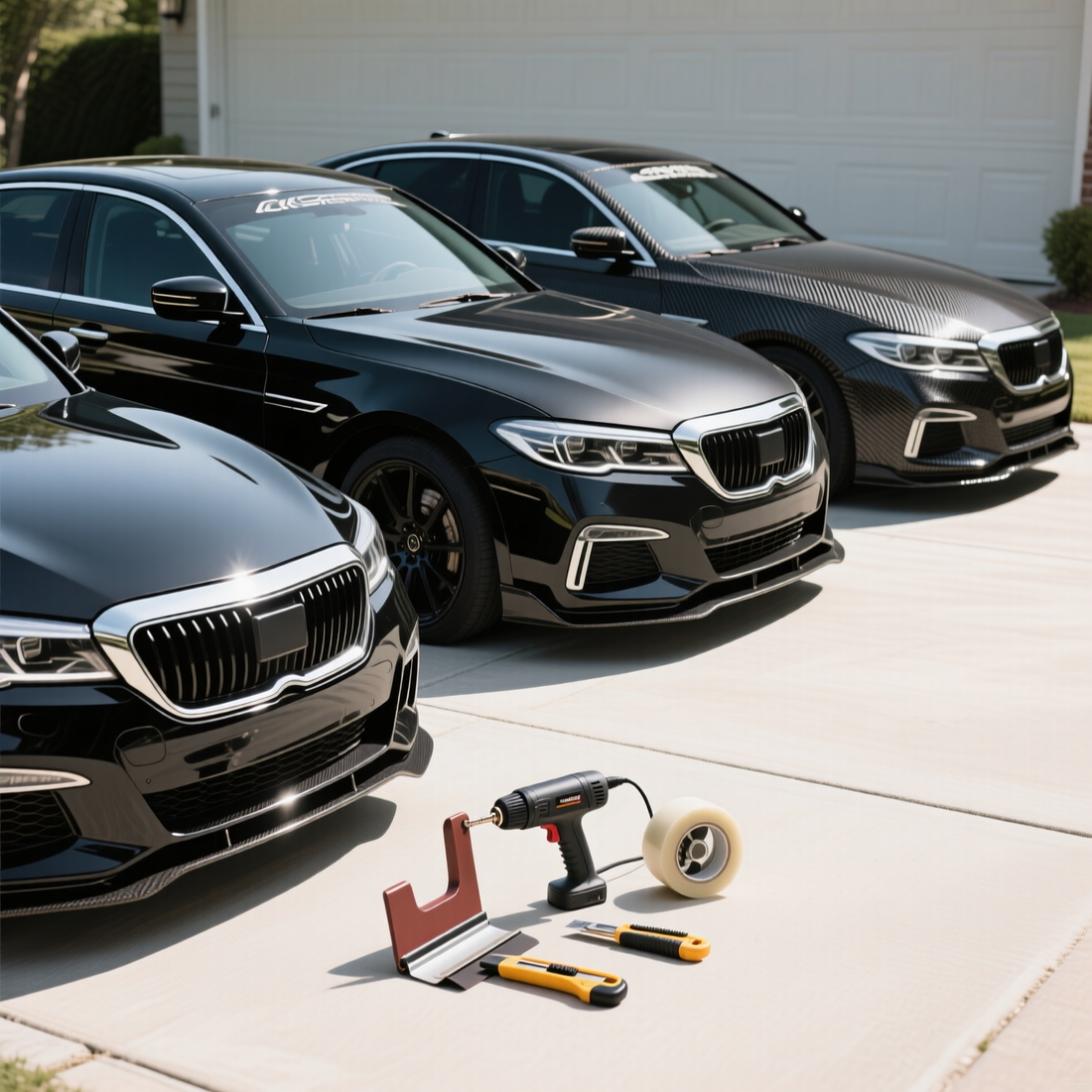 modern sedans mid-wrap in a suburban driveway.