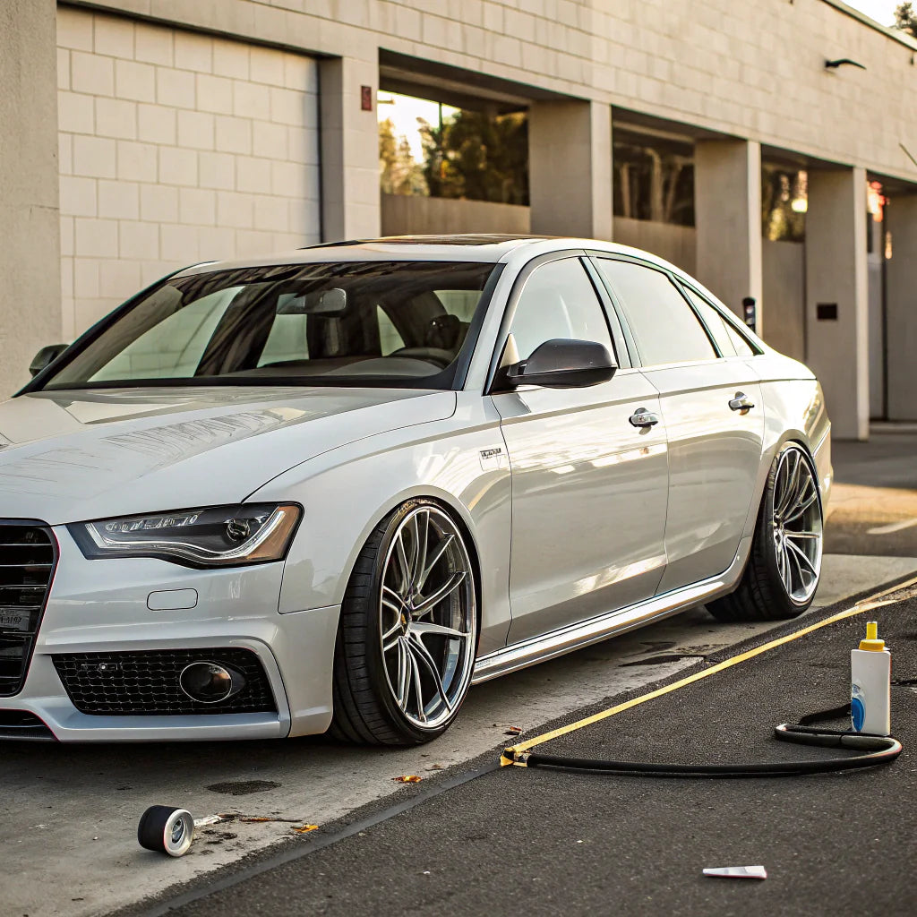 luxury sedan ,Audi A6 parked in a clean urban setting. The vehicle’s window trims, side mirrors, and front grille accents are wrapped in ChroMorpher Glossy Carbon Chrome Delete Tape