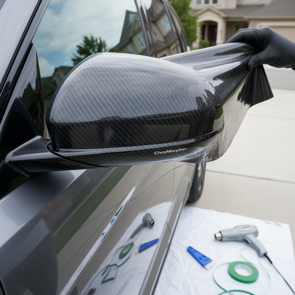 luxury SUV mirror being wrapped in glossy carbon-textured vinyl from ChroMorpher.