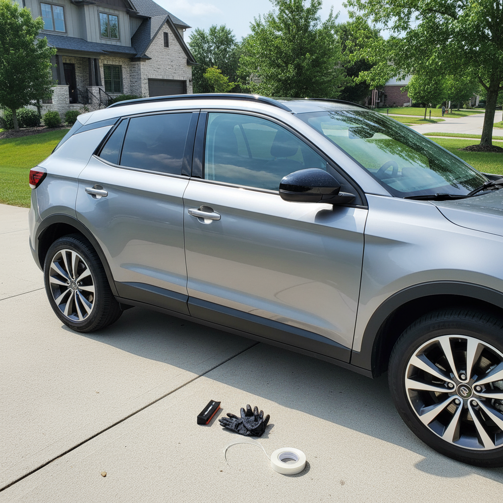 silver crossover SUV parked in a clean suburban driveway, with its passenger side window trims fully wrapped in ChroMorpher Carbon Matte Chrome Delete Tape