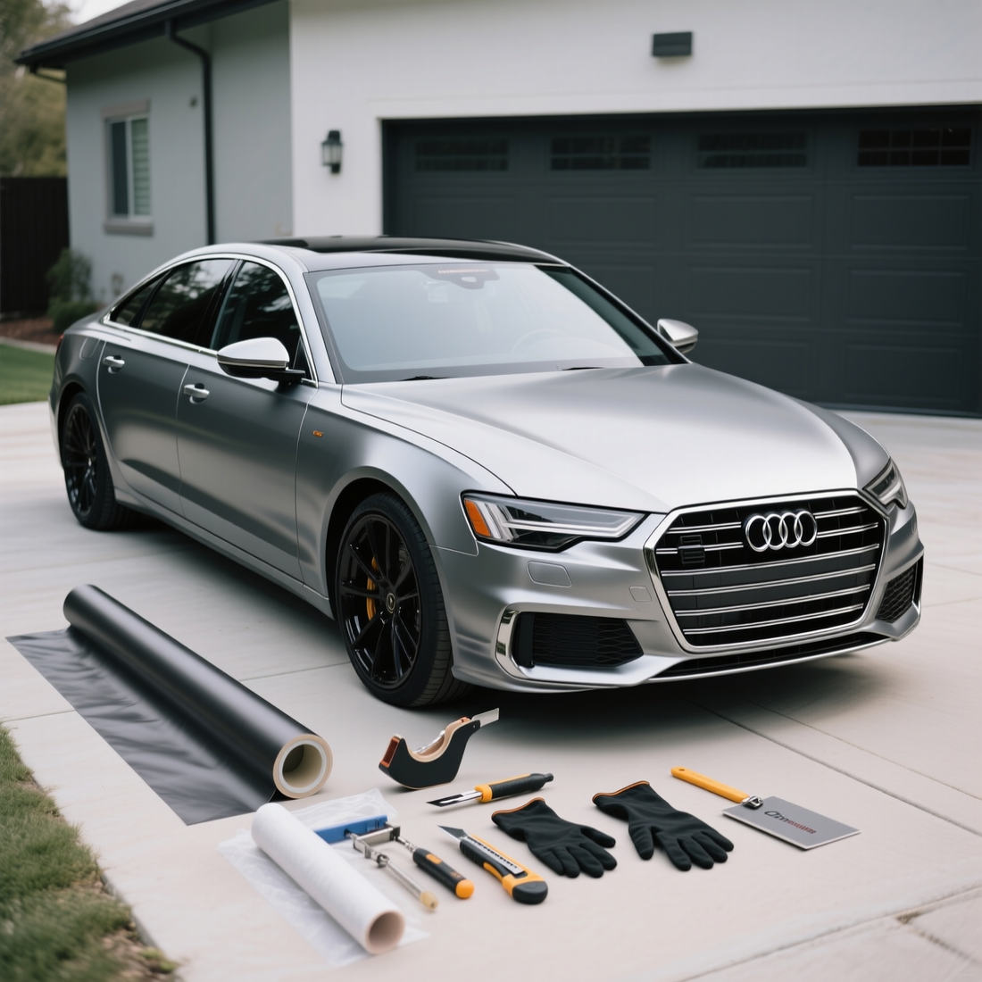 dark gray luxury sedan Audi A6 parked on a clean driveway. The window trims, side mirrors, and front grille accents are wrapped with ChroMorpher Matte Chrome Delete Tape