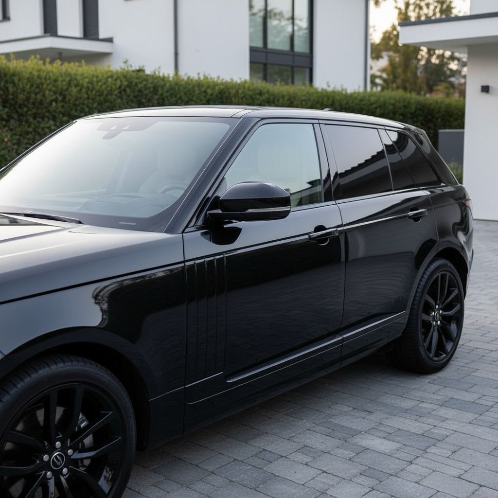 luxury black SUV with one half of its window and door trims wrapped in ChroMorpher Matte Chrome Delete Tape.