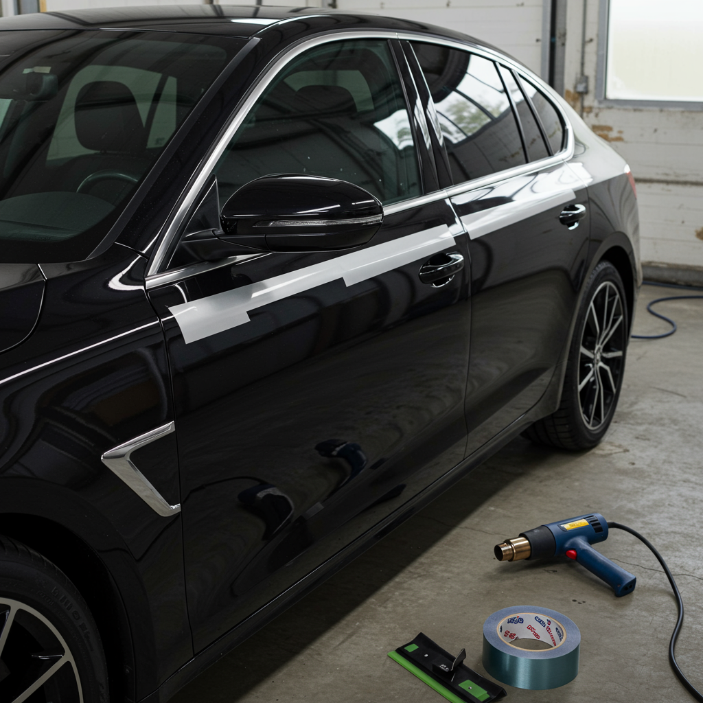 modern black or silver car with ChroMorpher Glossy Chrome Delete Tape applied specifically to the side mirror caps and door handles.