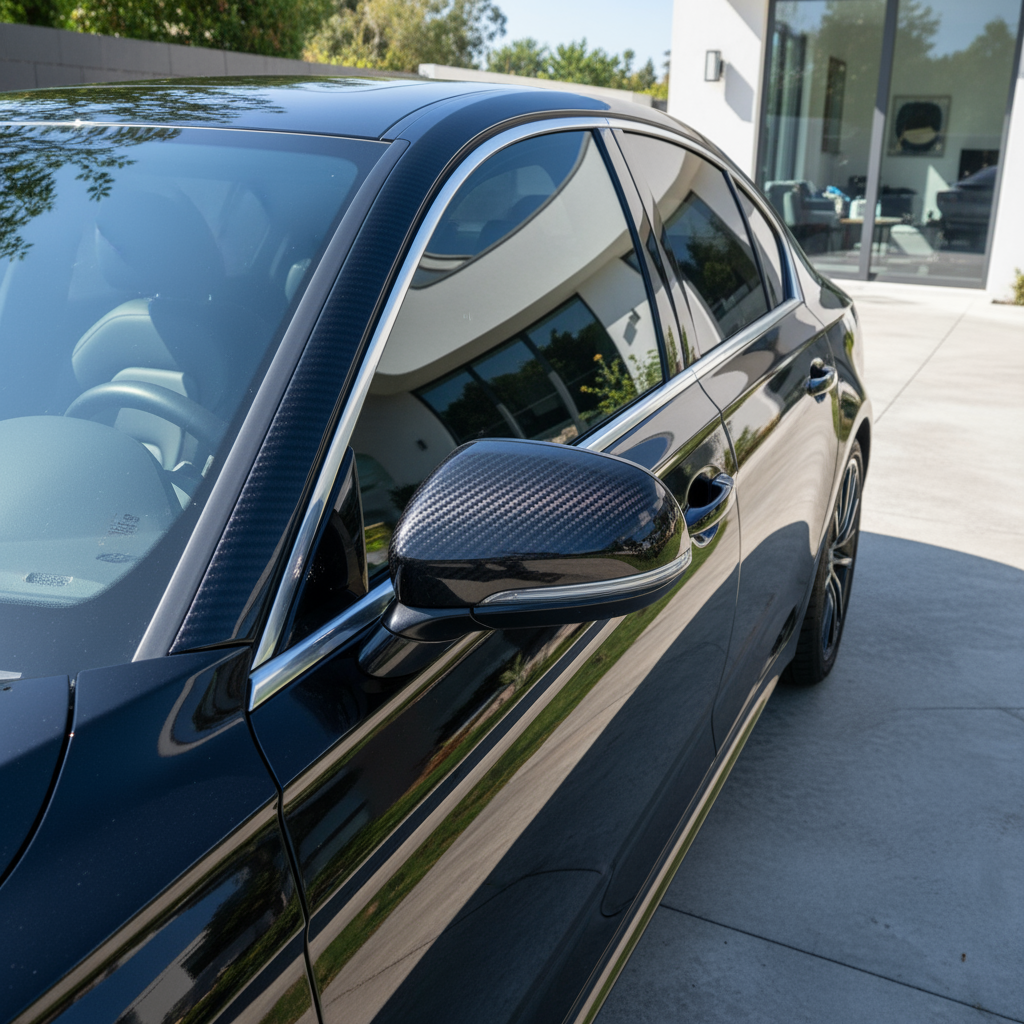 black sports sedan featuring ChroMorpher Glossy Carbon Chrome Delete Tape on its window trim and side mirrors.