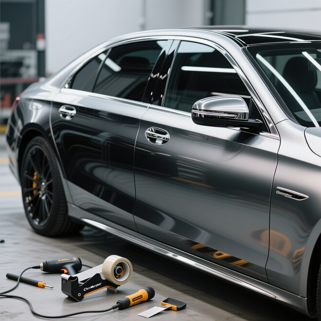 modern black or silver car with ChroMorpher Glossy Chrome Delete Tape applied specifically to the side mirror caps and door handles. 